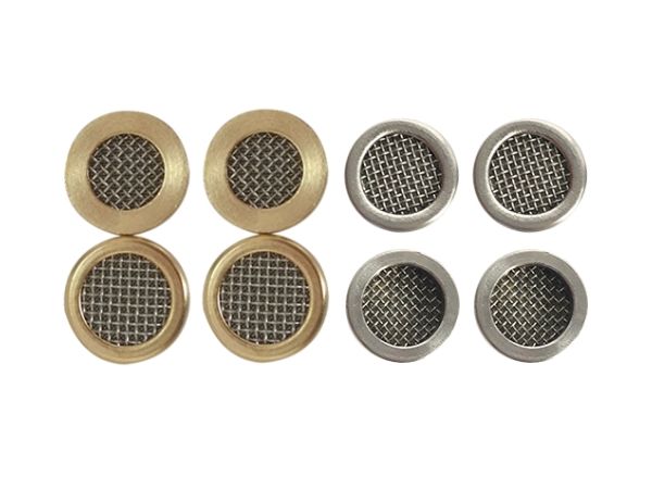 2 brass rimmed filter screens and 2 stainless steel rimmed filter screens dare displayed.