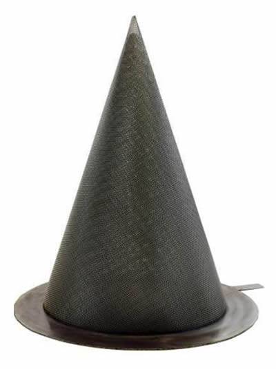 There is a cone black wire cloth extruder screen with metal frame edge.