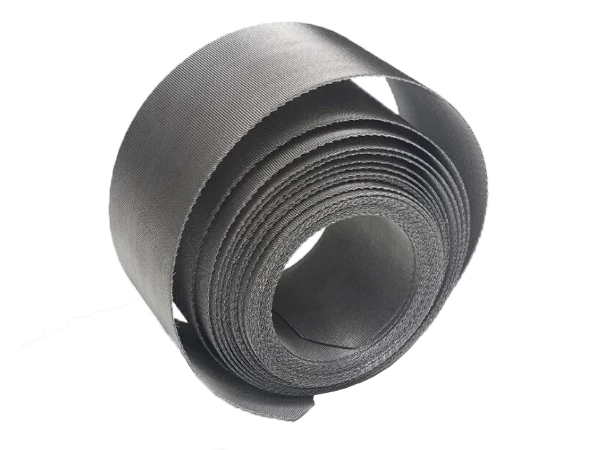 A roll of reverse dutch continuous belt screen on gray background.