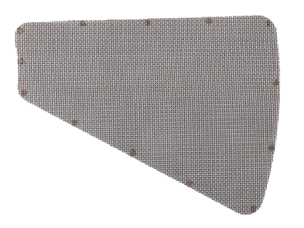 A piece of kidney-shaped extruder on gray background.