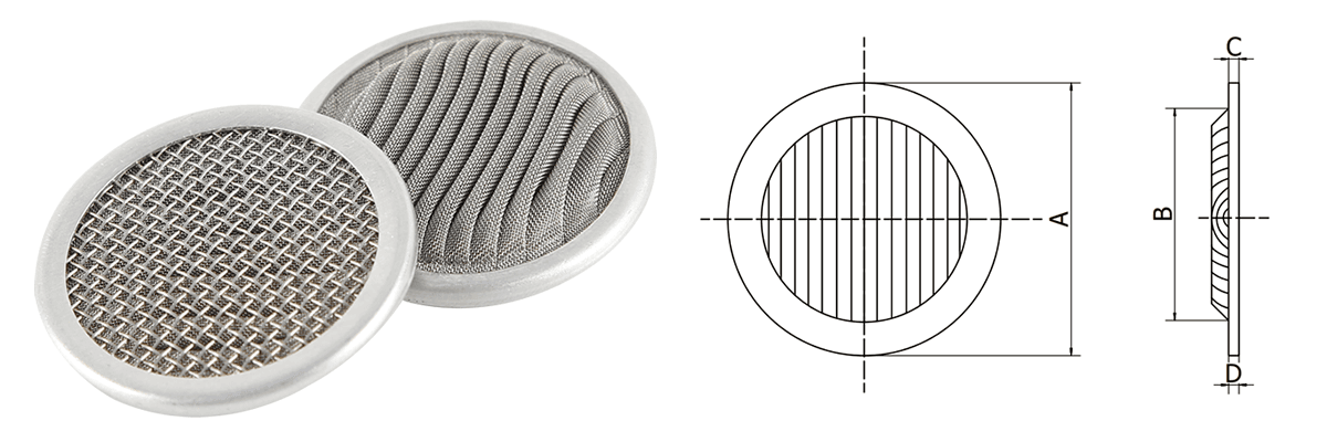 Una imagen y un dibujo muestran un disco de filtro plisado con un lado plisado y el otro lado es liso.