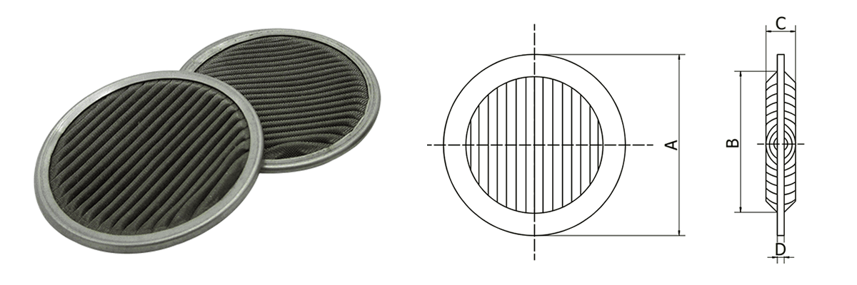 Una imagen y un dibujo muestran un disco de filtro plisado con ambos lados están plisados.