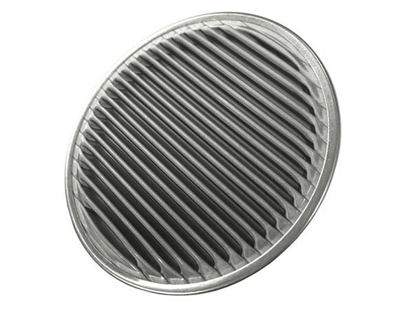 A piece of pleated filter disc with stainless steel gaskets.