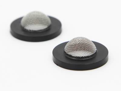 There are two bowl shape of extruder screens with rubber rims.