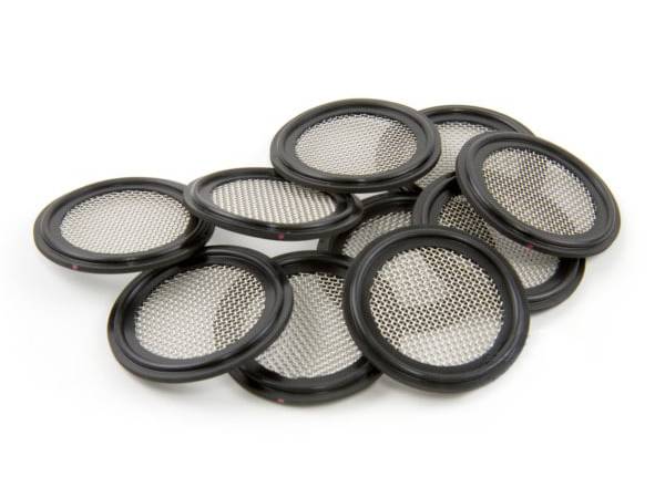 Several different sizes of tri-clamp fluid filtration gaskets on white background.