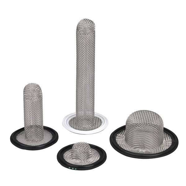 Four different sizes of tri clamp sock screens on white background.